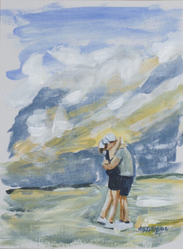Couple embracing under a cloudy sky.