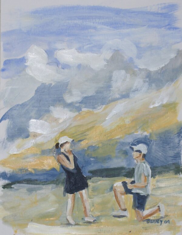 Man proposing to woman outdoors.