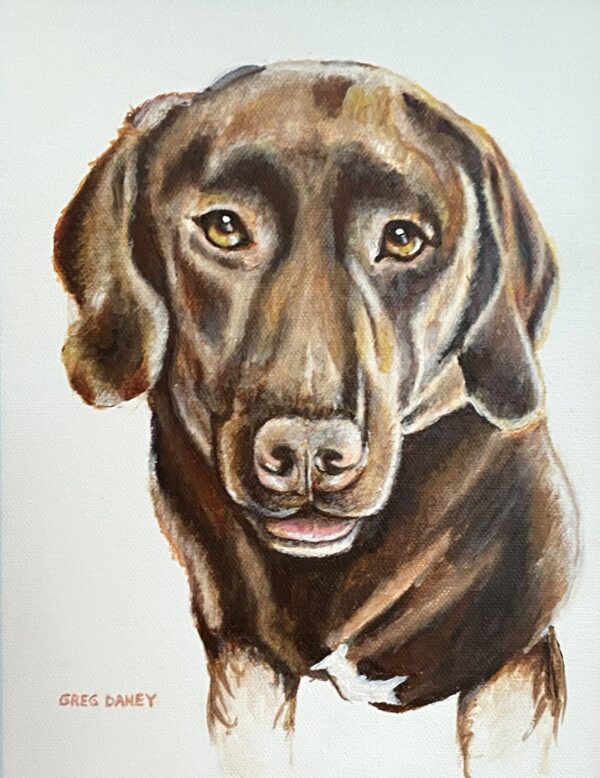 Painting of a brown dog portrait.
